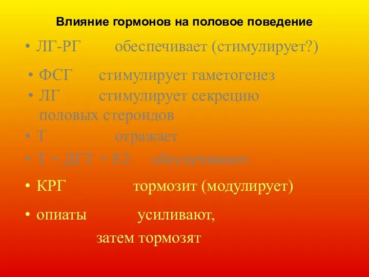 Влияние гормонов на половое поведение ЛГ-РГ обеспечивает (стимулирует?) ФСГ стимулирует гаметогенез ЛГ стимулирует