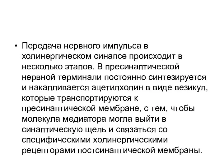 Передача нервного импульса в холинергическом синапсе происходит в несколько этапов.