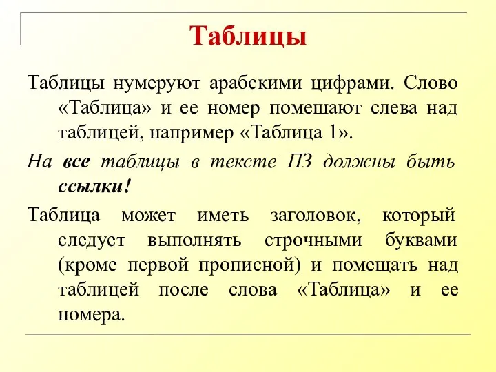 Таблицы Таблицы нумеруют арабскими цифрами. Слово «Таблица» и ее номер