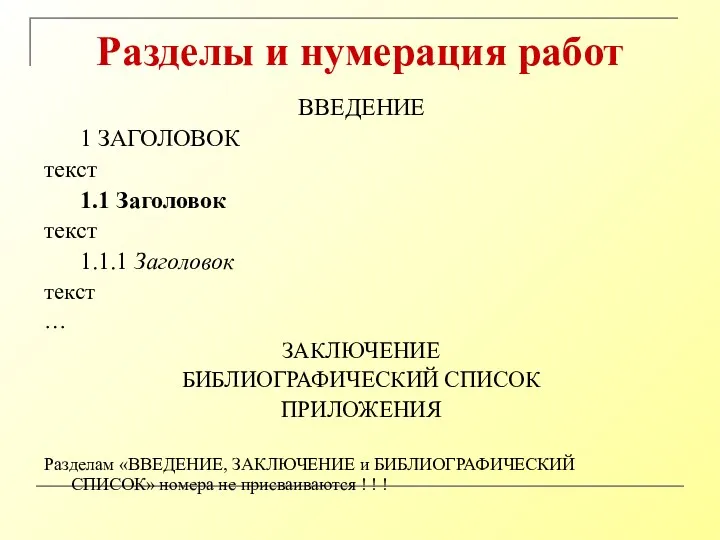 Разделы и нумерация работ ВВЕДЕНИЕ 1 ЗАГОЛОВОК текст 1.1 Заголовок