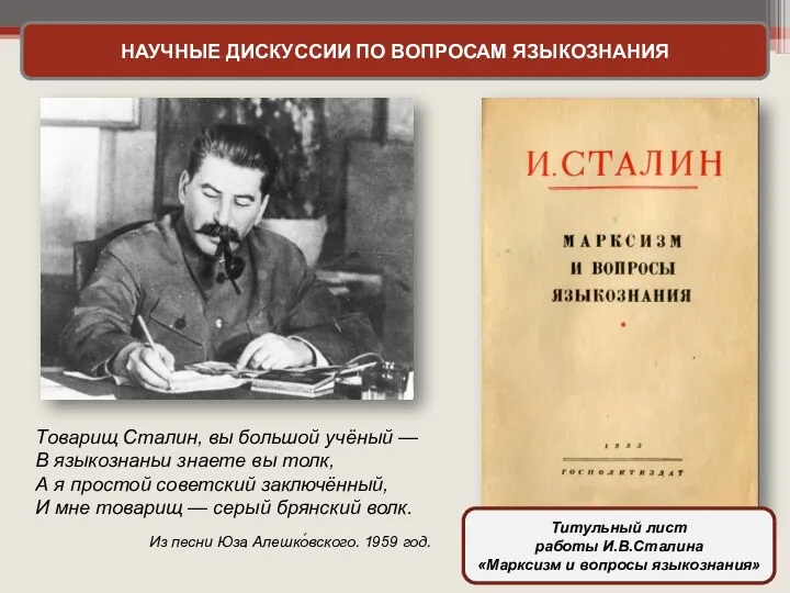 НАУЧНЫЕ ДИСКУССИИ ПО ВОПРОСАМ ЯЗЫКОЗНАНИЯ Товарищ Сталин, вы большой учёный — В языкознаньи