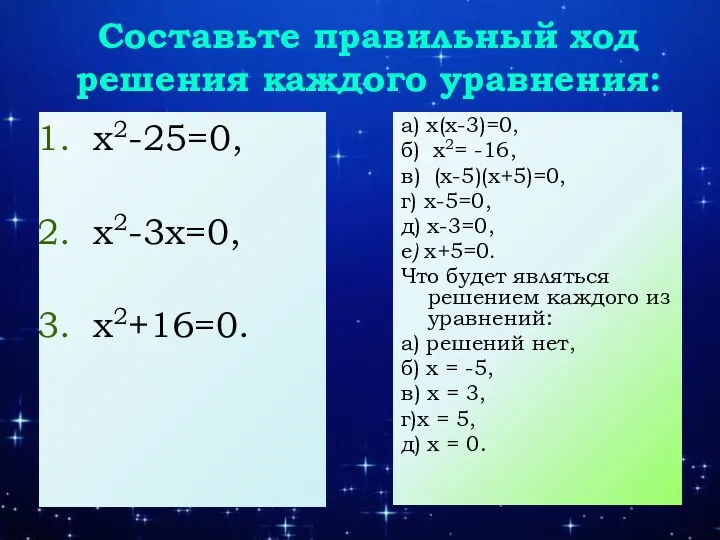 Составьте правильный ход решения каждого уравнения: x2-25=0, x2-3x=0, x2+16=0. а) x(x-3)=0, б) x2=