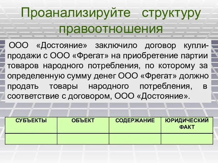 Проанализируйте структуру правоотношения ООО «Достояние» заключило договор купли-продажи с ООО