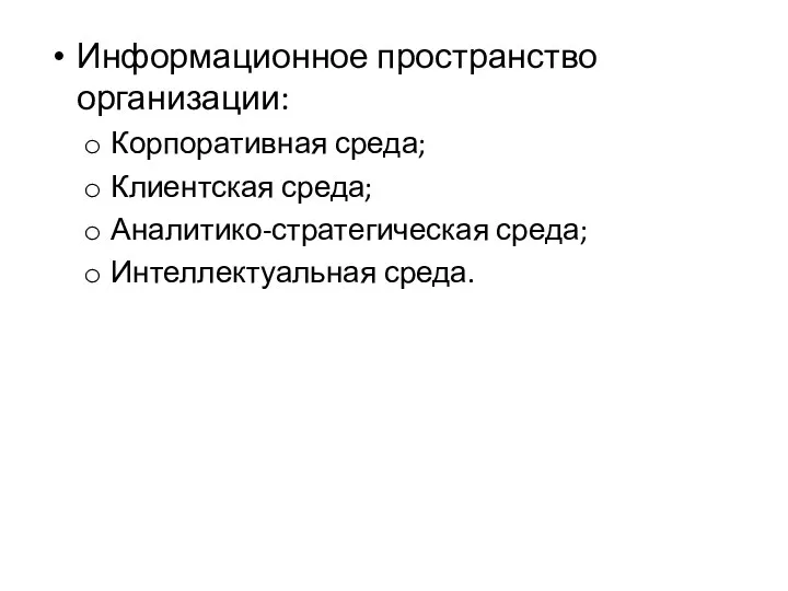 Информационное пространство организации: Корпоративная среда; Клиентская среда; Аналитико-стратегическая среда; Интеллектуальная среда.