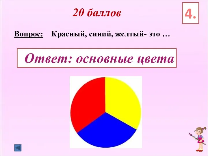 20 баллов Вопрос: Красный, синий, желтый-​ это … 4. Ответ: основные цвета