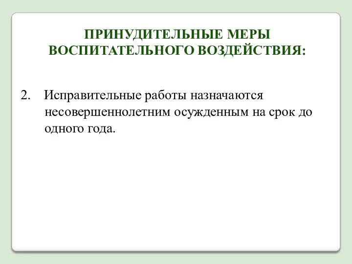 ПРИНУДИТЕЛЬНЫЕ МЕРЫ ВОСПИТАТЕЛЬНОГО ВОЗДЕЙСТВИЯ: Исправительные работы назначаются несовершеннолетним осужденным на срок до одного года.