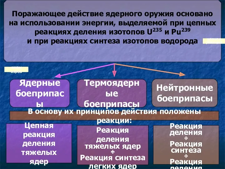 В основу их принципов действия положены реакции: Поражающее действие ядерного