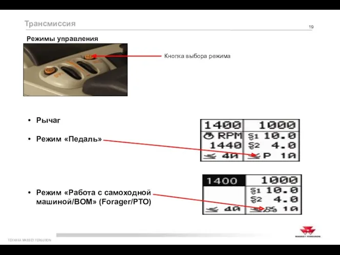 Кнопка выбора режима Трансмиссия Режимы управления Рычаг Режим «Педаль» Режим «Работа с самоходной машиной/ВОМ» (Forager/РТО)