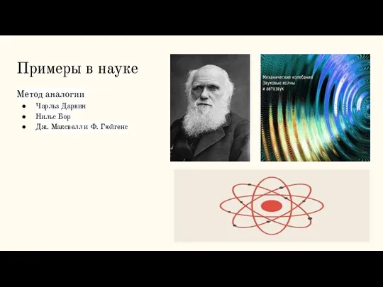 Примеры в науке Метод аналогии Чарльз Дарвин Нильс Бор Дж. Максвелл и Ф. Гюйгенс