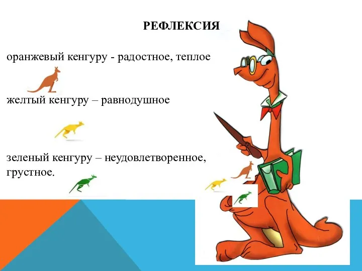 оранжевый кенгуру - радостное, теплое желтый кенгуру – равнодушное зеленый кенгуру – неудовлетворенное, грустное. РЕФЛЕКСИЯ