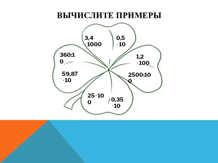 3,4⋅1000 0,5⋅10 1,2⋅100 2500:100 0,35⋅10 25⋅100 59,87⋅10 360:10 ВЫЧИСЛИТЕ ПРИМЕРЫ