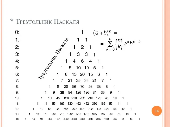 * Треугольник Паскаля