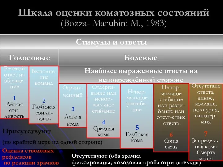 Отсутствуют (оба зрачка фиксированы, холодовая проба отрицательна) Присутствуют (по крайней