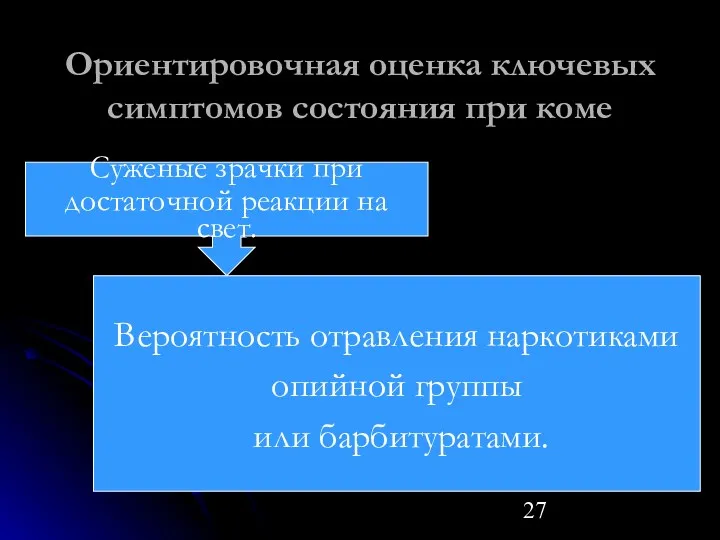 Ориентировочная оценка ключевых симптомов состояния при коме Вероятность отравления наркотиками