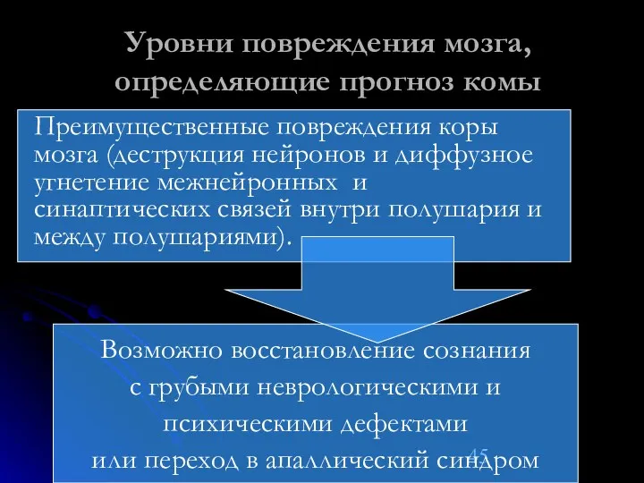 Уровни повреждения мозга, определяющие прогноз комы Возможно восстановление сознания с