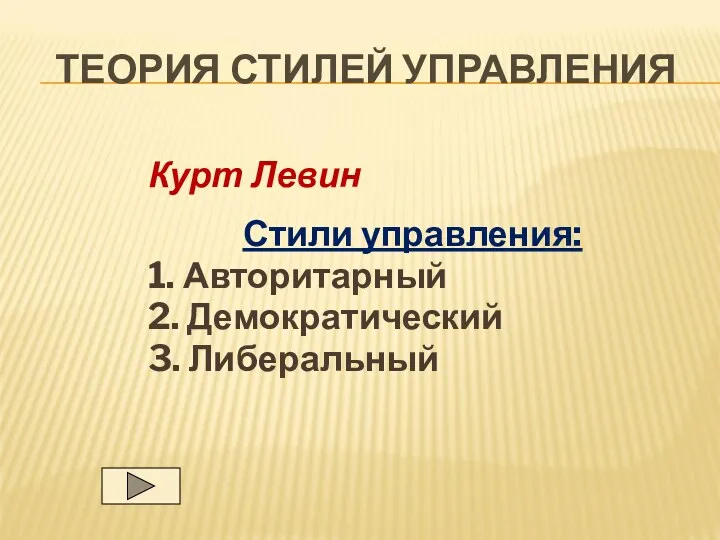 ТЕОРИЯ СТИЛЕЙ УПРАВЛЕНИЯ Курт Левин Стили управления: 1. Авторитарный 2. Демократический 3. Либеральный