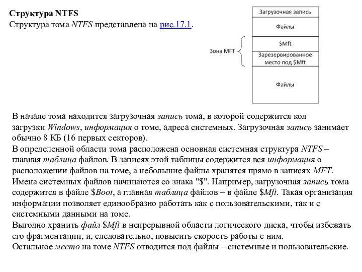 Структура NTFS Структура тома NTFS представлена на рис.17.1. В начале