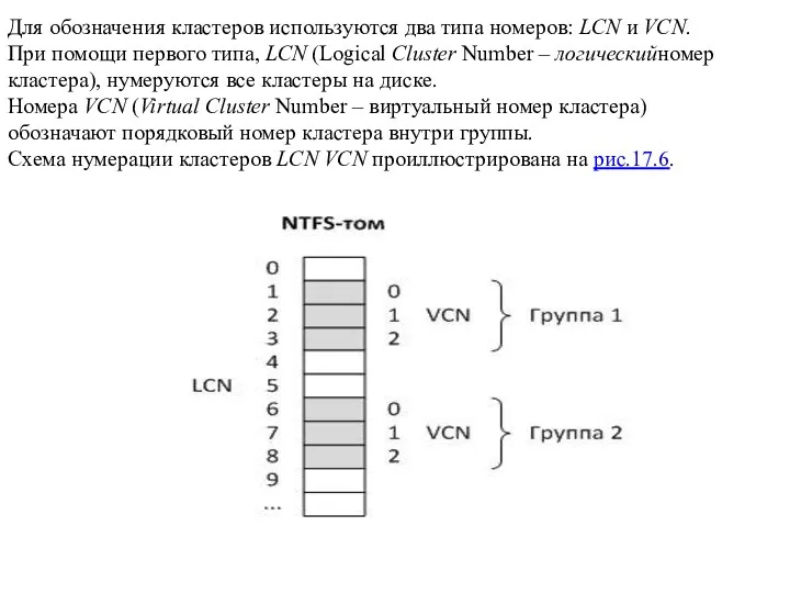 Для обозначения кластеров используются два типа номеров: LCN и VCN.