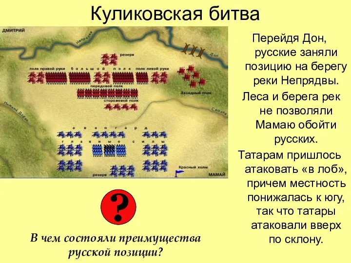 Куликовская битва Перейдя Дон, русские заняли позицию на берегу реки