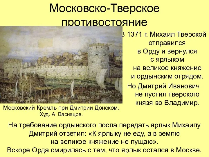 Московско-Тверское противостояние В 1371 г. Михаил Тверской отправился в Орду