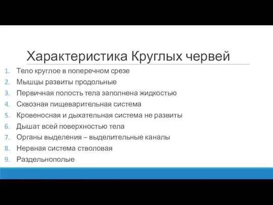 Характеристика Круглых червей Тело круглое в поперечном срезе Мышцы развиты