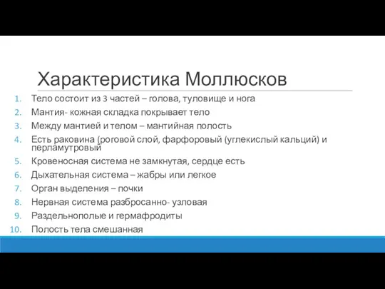 Характеристика Моллюсков Тело состоит из 3 частей – голова, туловище