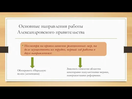 Основные направления работы Александровского правительства Несмотря на провозглашение реакционных мер,