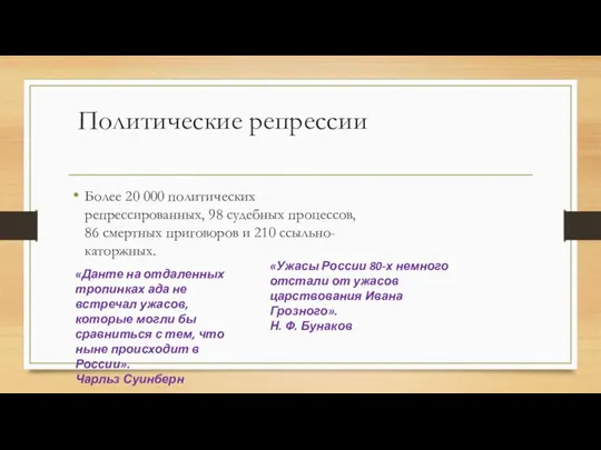 Политические репрессии Более 20 000 политических репрессированных, 98 судебных процессов,