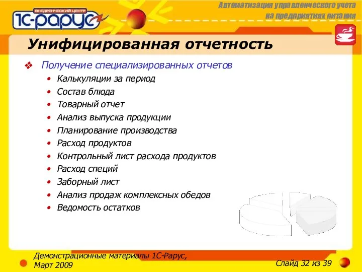 Демонстрационные материалы 1С-Рарус, Март 2009 Унифицированная отчетность Получение специализированных отчетов