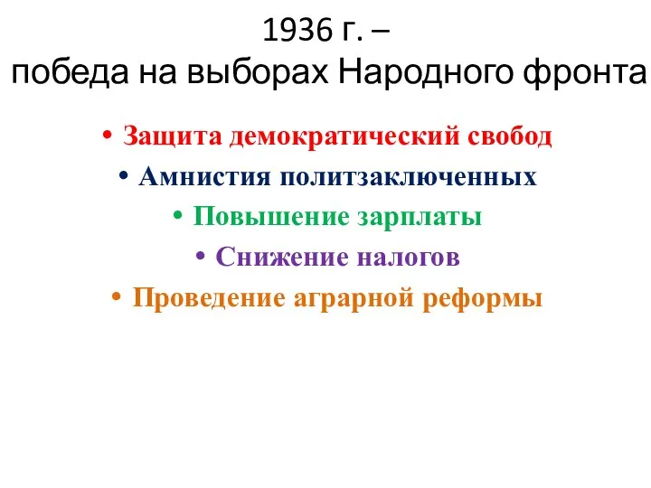 1936 г. – победа на выборах Народного фронта Защита демократический