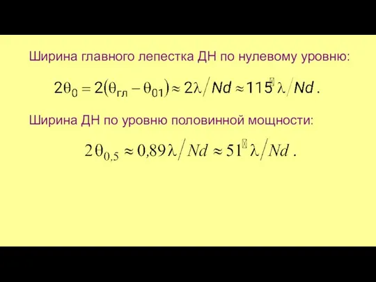 Ширина главного лепестка ДН по нулевому уровню: Ширина ДН по уровню половинной мощности: