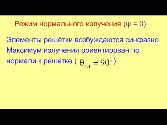 Режим нормального излучения (ψ = 0) Элементы решётки возбуждаются синфазно.