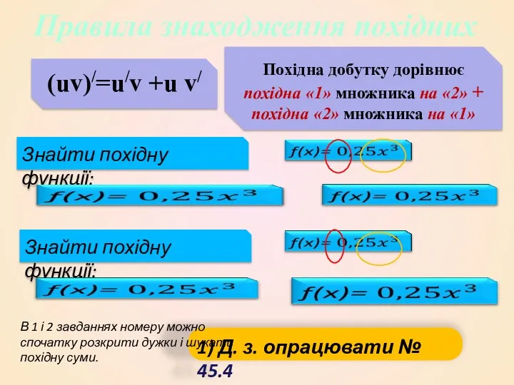 Правила знаходження похідних Знайти похідну функції: (uv)/=u/v +u v/ Похідна