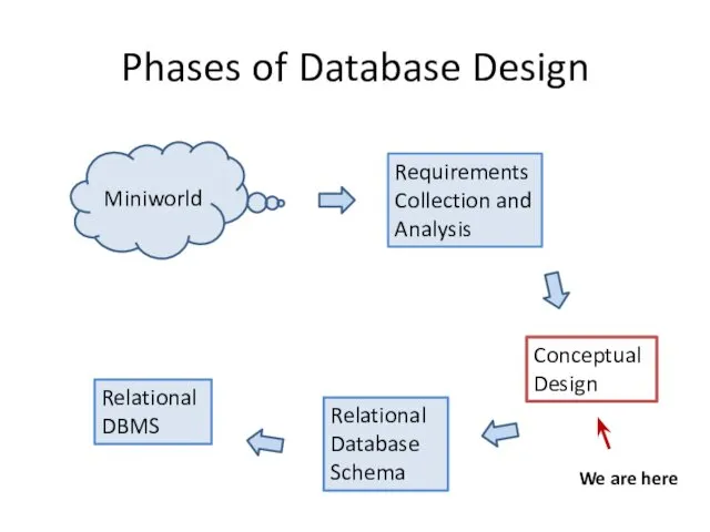 Phases of Database Design Miniworld Requirements Collection and Analysis Conceptual Design Relational Database