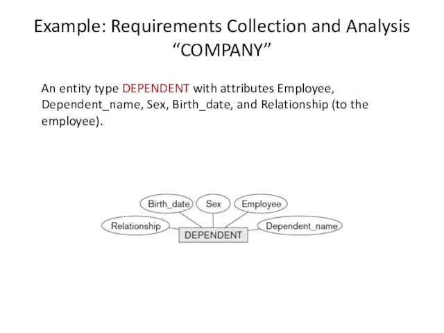 Example: Requirements Collection and Analysis “COMPANY” An entity type DEPENDENT with attributes Employee,