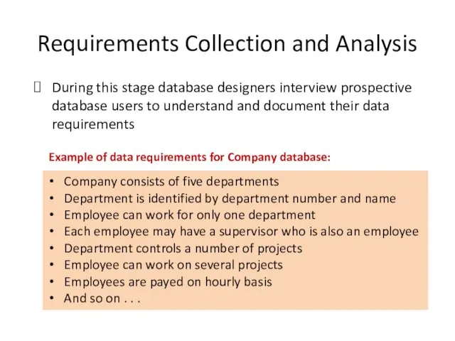 Requirements Collection and Analysis During this stage database designers interview prospective database users