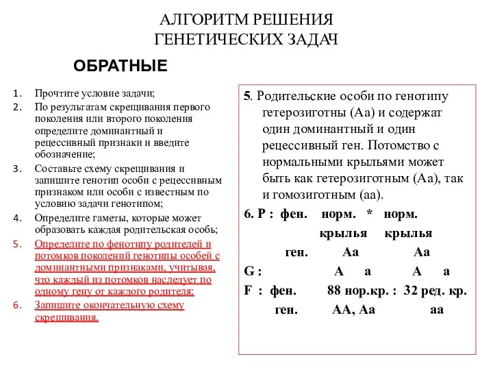 АЛГОРИТМ РЕШЕНИЯ ГЕНЕТИЧЕСКИХ ЗАДАЧ 5. Родительские особи по генотипу гетерозиготны (Аа) и содержат