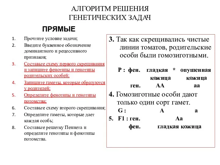 АЛГОРИТМ РЕШЕНИЯ ГЕНЕТИЧЕСКИХ ЗАДАЧ ПРЯМЫЕ Прочтите условие задачи; Введите буквенное обозначение доминантного и