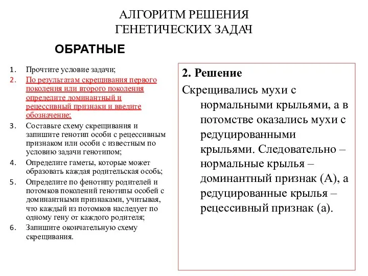 АЛГОРИТМ РЕШЕНИЯ ГЕНЕТИЧЕСКИХ ЗАДАЧ 2. Решение Скрещивались мухи с нормальными крыльями, а в