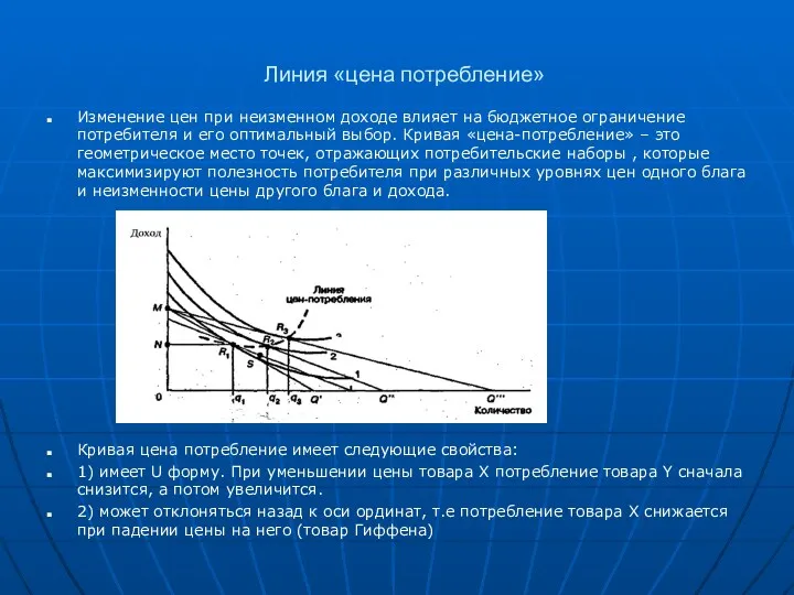 Линия «цена потребление» Изменение цен при неизменном доходе влияет на