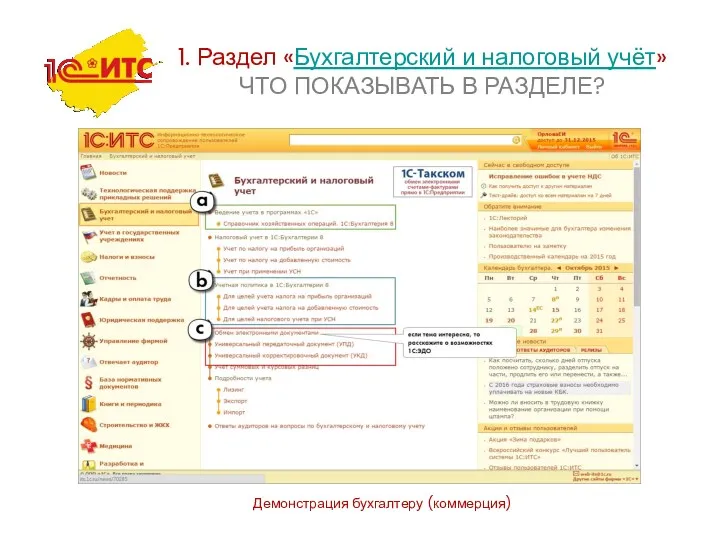 Демонстрация бухгалтеру (коммерция) 1. Раздел «Бухгалтерский и налоговый учёт» ЧТО ПОКАЗЫВАТЬ В РАЗДЕЛЕ?