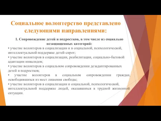 Социальное волонтерство представлено следующими направлениями: 1. Сопровождение детей и подростков,