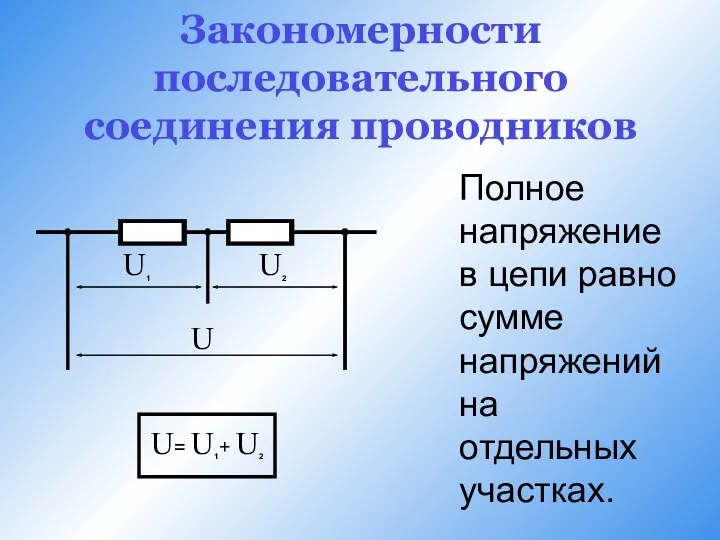 Закономерности последовательного соединения проводников Полное напряжение в цепи равно сумме напряжений на отдельных участках.
