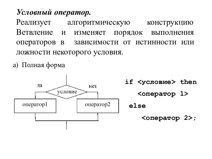 Условный оператор. Реализует алгоритмическую конструкцию Ветвление и изменяет порядок выполнения