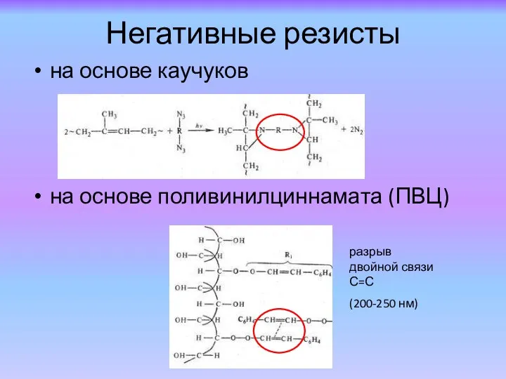 Негативные резисты на основе каучуков на основе поливинилциннамата (ПВЦ) циклокаучук