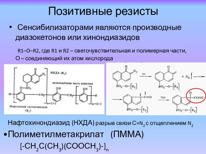 Позитивные резисты Сенсибилизаторами являются производные диазокетонов или хинондиазидов R1–O–R2, где