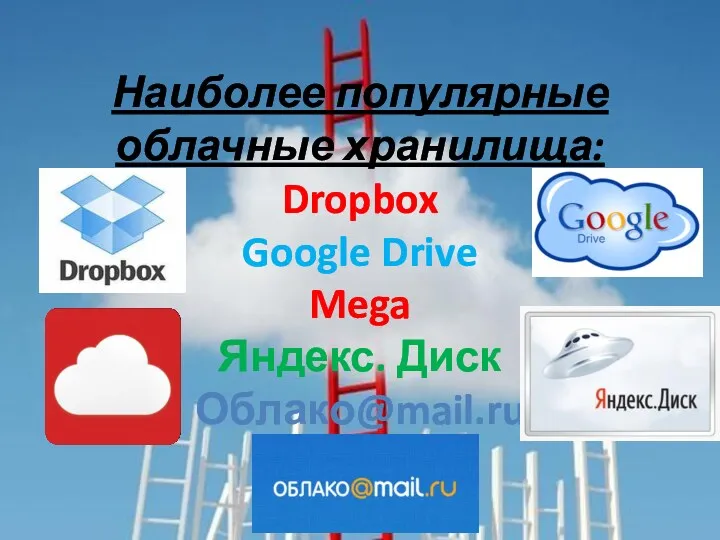 Наиболее популярные облачные хранилища: Dropbox Google Drive Mega Яндекс. Диск Облако@mail.ru