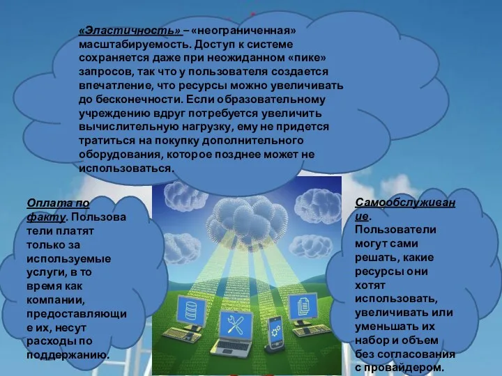 «Эластичность» – «неограниченная» масштабируемость. Доступ к системе сохраняется даже при