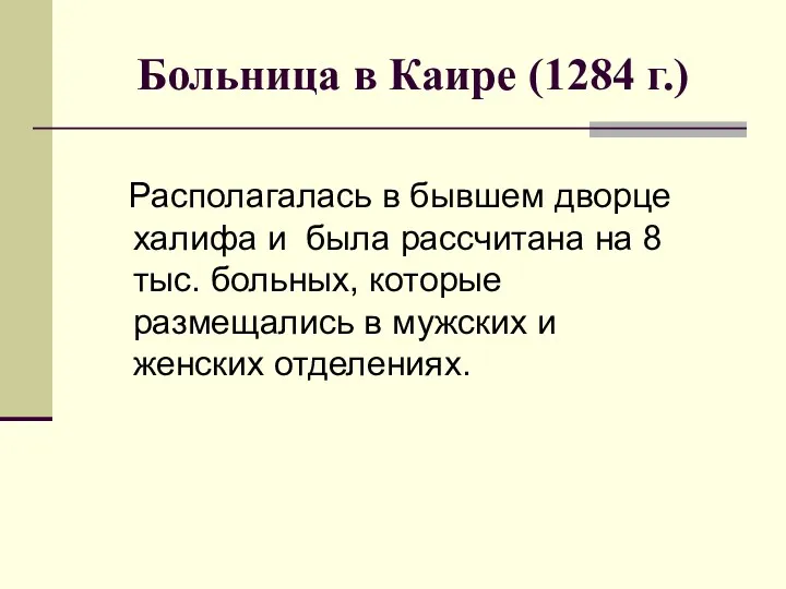 Больница в Каире (1284 г.) Располагалась в бывшем дворце халифа