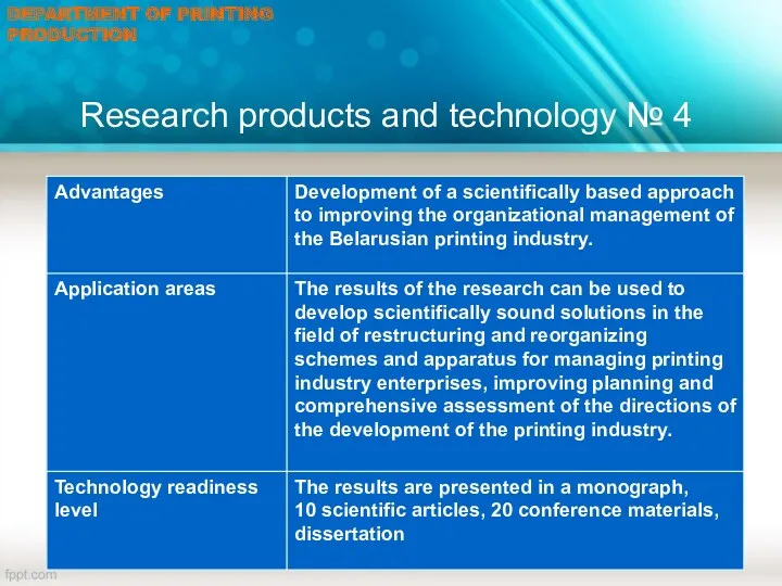 Research products and technology № 4 DEPARTMENT OF PRINTING PRODUCTION